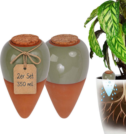 Set 2 Relaxdays Plant Watering Spikes Clay 350 Ml Slow-release Watering System Green Brown