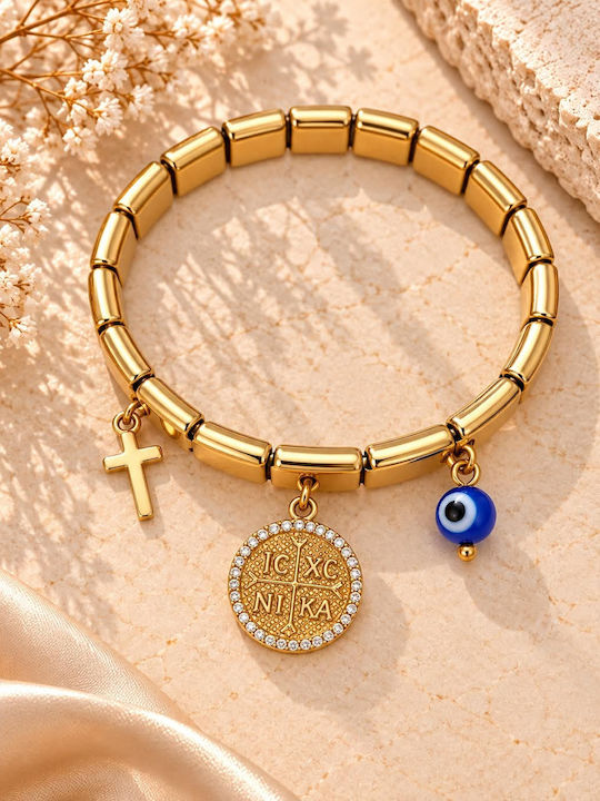 Gold Stainless Steel Bracelet With Byzantine Charm, Cross & Evil Eye