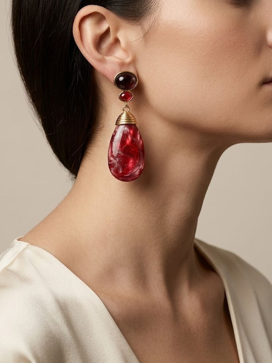 Women's Earrings Gold-Coloured Metal Burgundy Stones Statement Design Handmade Product Burgundy Gold Red Women 7.5 Cm Ssn199