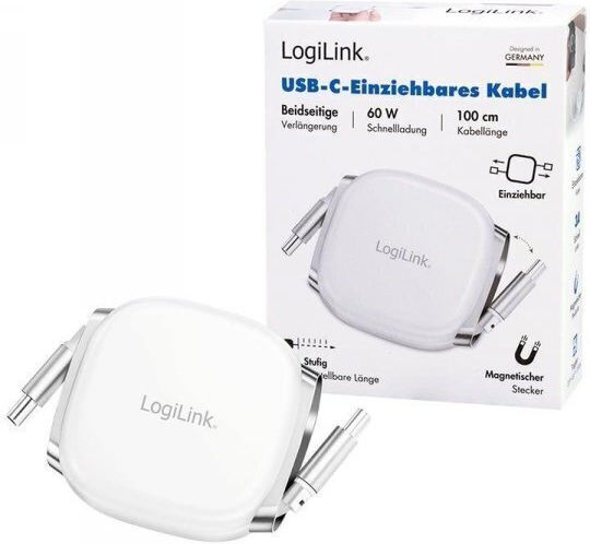 LogiLink Ausziehbares USB 2.0 Kabel USB-C-Stecker – USB-C 60 W PD Weiß 1 m CU0501
