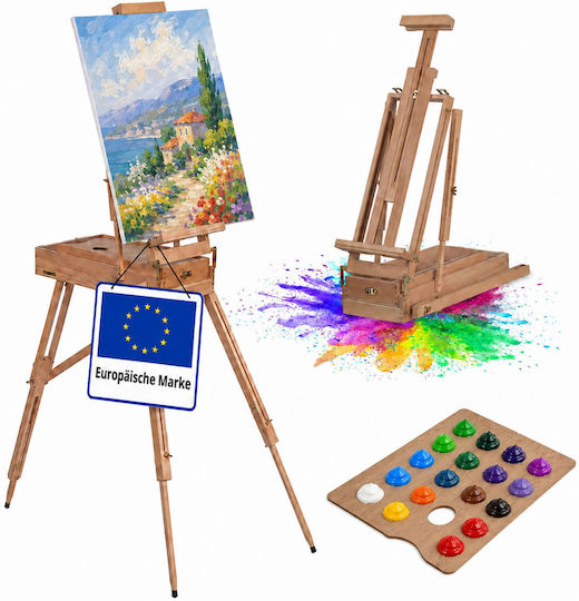 Relaxdays 10054096 Sevalet 2-în-1 cu Suport, Cutie și Sertar din Lemn de Fag, Natural, Înălțime Reglabilă 147–180 Cm, Suport 68–106 Cm, Masă