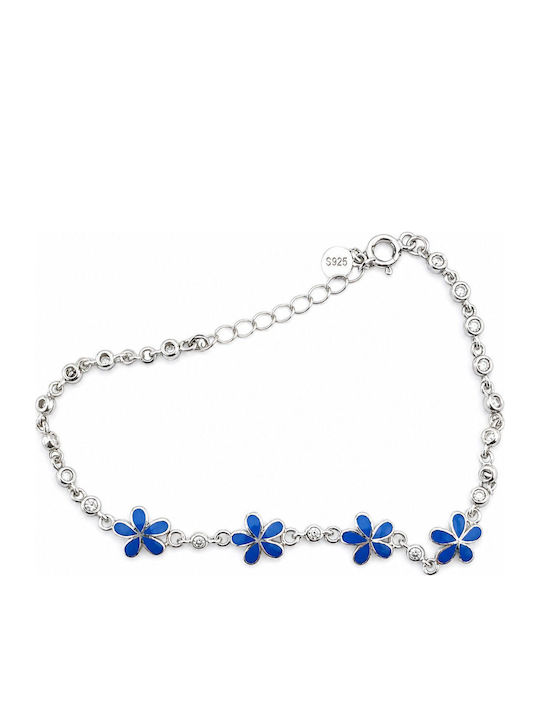 Brățară Pentru Femei Și Copii Din Argint 925 Jolie Cu Model De Floare Din Argint, Email Albastru, Pietre De Zircon, Lungime 21 Cm, 4,6 G, Culoare Argintie