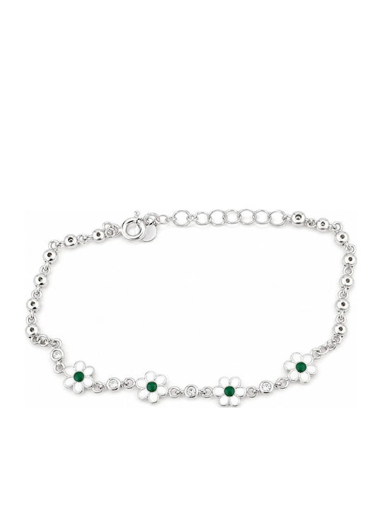 Brățară Pentru Copii Jolie Din Argint 925 Cu Floare Emailată, Model Cu Zirconiu, 21 Cm/4,5 G, Argintiu-Verde
