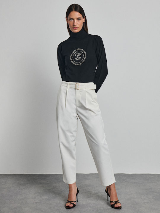 Olivia Women's Fabric Trousers in Baggy Fit Chalk