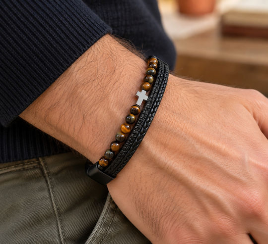 Men’s Tiger Eye Bracelet Stainless Steel Cross Magnetic Clasp
