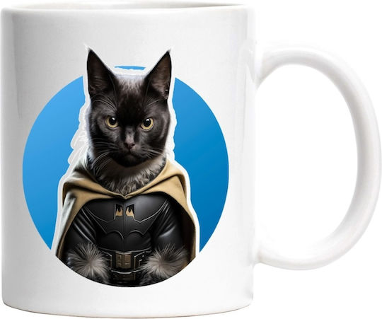Portret de Pisică Supereroi, Pisică Batman în Costum, Pisică cu Pelerină, Pisică Feroce, Pentru Iubitorii de Pisici, Animale Cană Ceramică Albă 330ml (Personalizată)