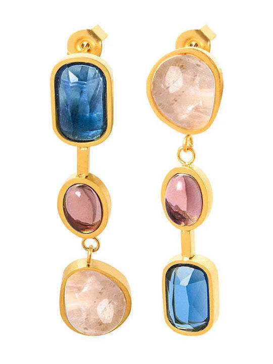 Gold Stainless Steel Earrings 316L Multicolour Stones 3.8cm E5016