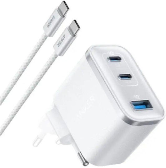 Anker Φορτιστής με Θύρα USB-A και 2 Θύρες USB-C και Καλώδιο USB-C - USB-C 70W Power Delivery Λευκός (Nano)