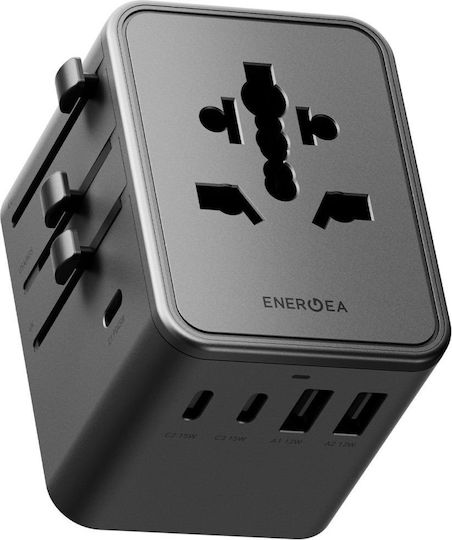 Energea Зарядно устройство без кабел GaN с 2 USB-A порта и 3 USB-C порта 45W Power Delivery Gunmetal (Travelworld Mini)