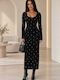 Rochie Maxi Tricotată cu Mâneci Lungi Neagră
