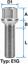 M14x1.5 Wheel Bolt, Radius 14, Ball Seat, 17 mm Hex, Length 27