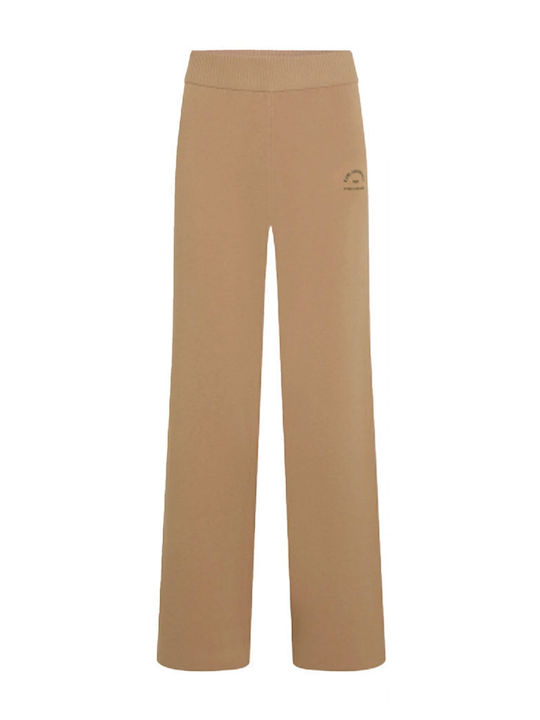 Pantaloni Largi de Damă cu Elastic Culoarea Cămilei