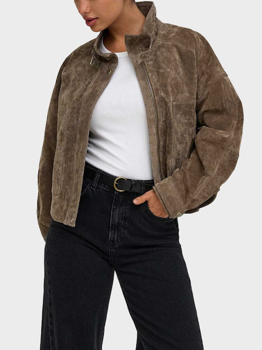 Only Jachetă Lungă de Damă din Suede pentru Iarnă, Maro
