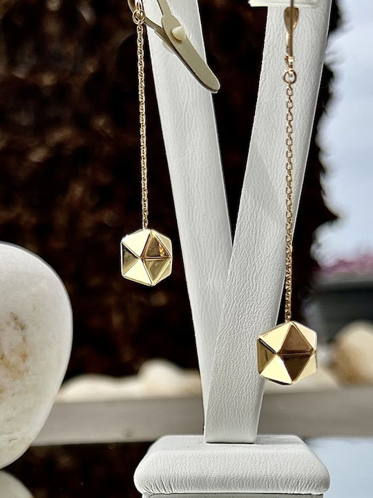 14K Gold Earrings Geometric Polyhedral Design Chain