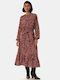 Midi Floral Print Dress with Ruffle Hem Burgundy Size XS Burgundy