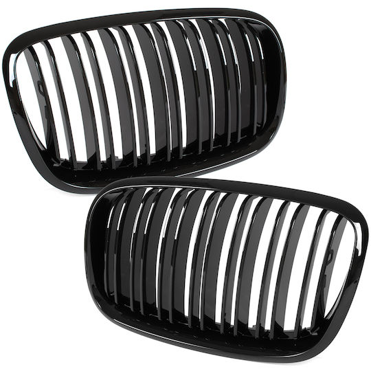 Grile Între Faruri Tip Rinichi BMW X5 E70 06-13 Set Stânga + Dreapta Negru Lucios Cu Două Bare