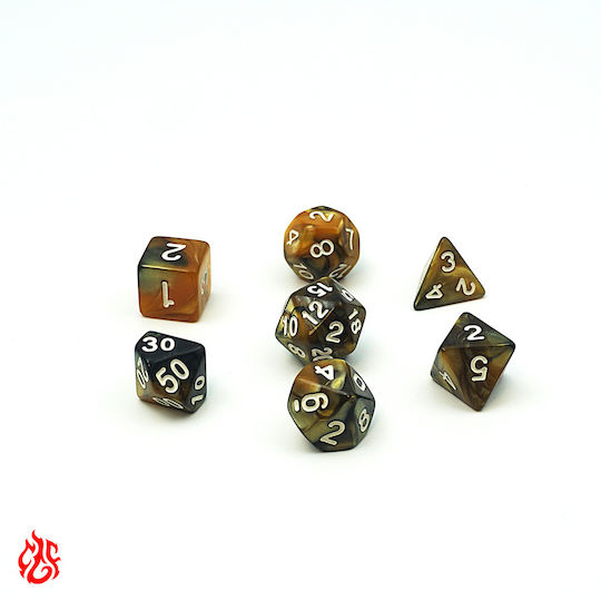 Set de Zaruri Acrilice Bicolore Muștar și Negre cu Săculeț pentru RPG Dungeons & Dragons Pathfinder Wargames