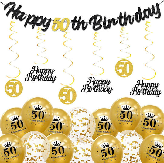 50th Birthday Decoration Set Garland Balloons Black Gold 36 Pcs