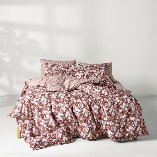 Kentia Versus King Size Sheet Set with Elasticated Fitted Sheet 180x200+35cm Terracotta - White (4 Pieces)