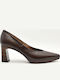 Leather Pointed-Toe Pumps with Chunky High Heel Brown