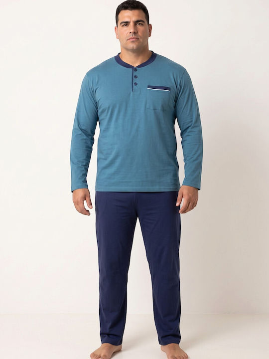Ανδρική Plus Size Πιτζάμα Collection Comfort Henley Φούτερ Ελληνικής Κατασκευής Πετρόλ Cl27101-65-πετρόλ