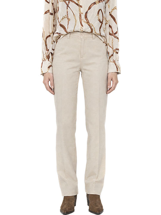 Women's Beige Fabric Trousers in a Straight Fit