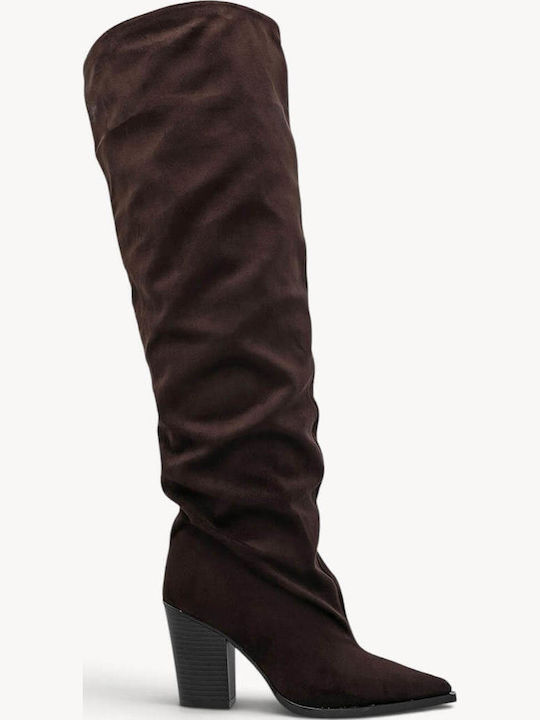 Braune Stiefel Über dem Knie mit Raffung
