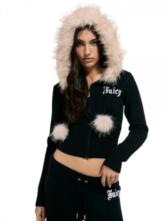 Diamante Cropped Γυναικεία Ζακέτα Φούτερ με Κουκούλα Black