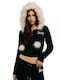 Diamante Cropped Γυναικεία Ζακέτα Φούτερ με Κουκούλα Black