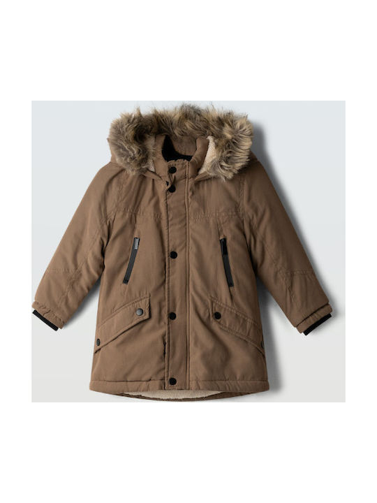 Hashtag Long Lined Hooded Kids Parka in Tan