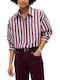 Long Sleeve Women's Cotton Shirt Burgundy Green Pink Striped