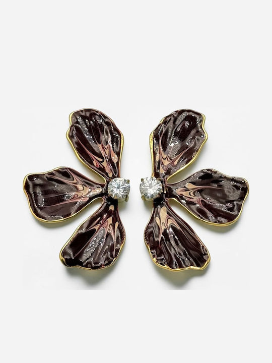 Women's Steel Burgundy-Gold Flower Earrings