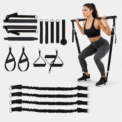 Pilates-Bar-Set mit Widerstandsbändern Relaxdays 10054325_46 4 Bänder 30–160 lbs 2 × 30 lbs 2 × 50 lbs 110 cm Montage-Stange Verstellbare Gurte Griffe Türanker Tasche Schwarz