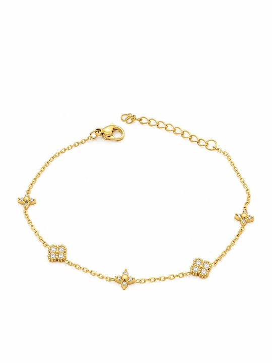 Charmy Women's Chain Bracelet with Flower Design in Gold-Plated Steel with Zircon
