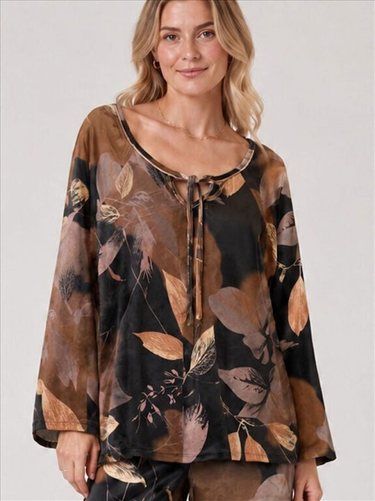 Damenbluse aus braunem Samt mit Blumenmuster B26210-TYP