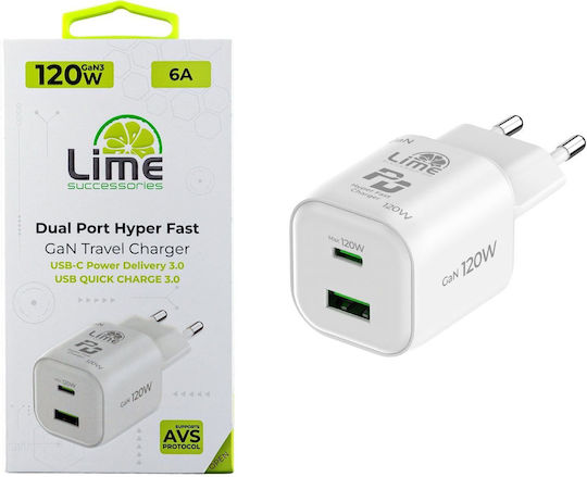 Lime Зарядно Устройство Без Кабел GaN с USB-A Порт и USB-C Порт 120 W Power Delivery / Quick Charge 2.0 / Quick Charge 3.0 Бяло (LDC120W)