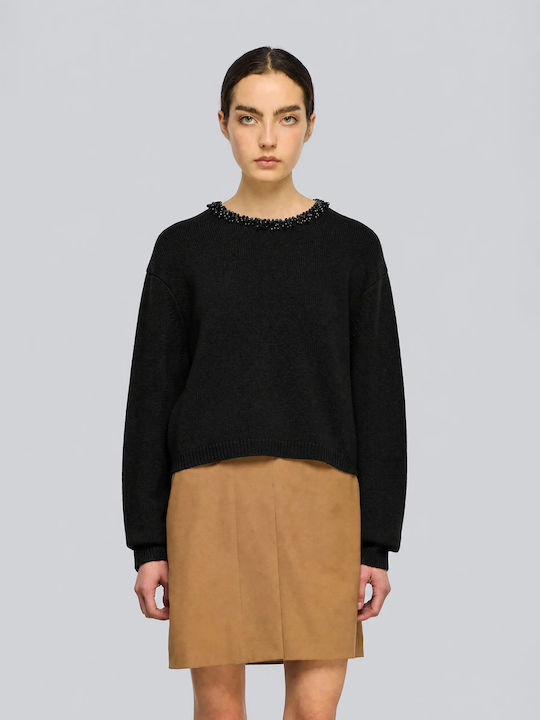 Denny Women's Long Sleeve Cropped Wool Sweater Black