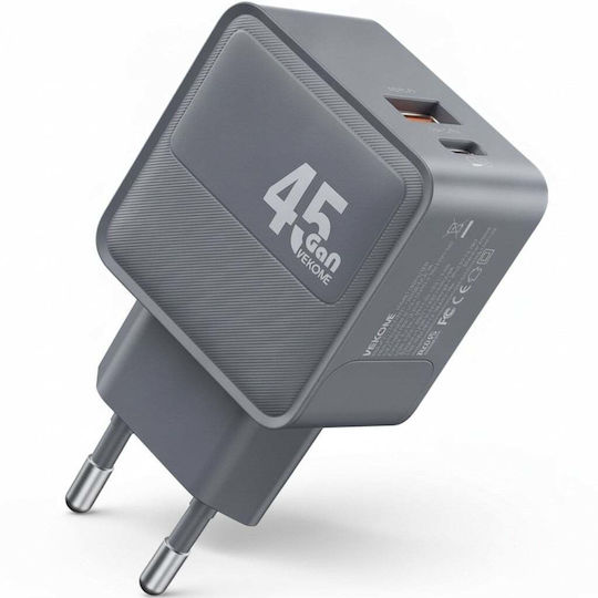 WK GaN Charger Without Cable with USB-A Port and USB-C Port 45W Grey (WP-U103)