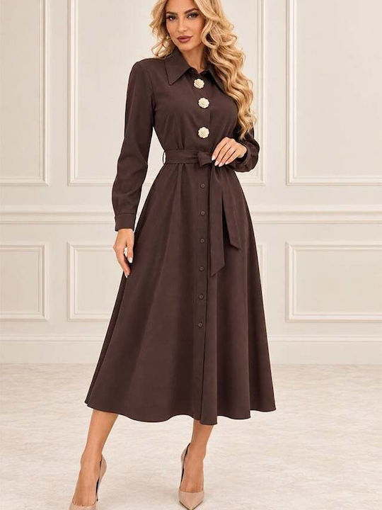 Midi-Hemdkleid Langärmelig Braun