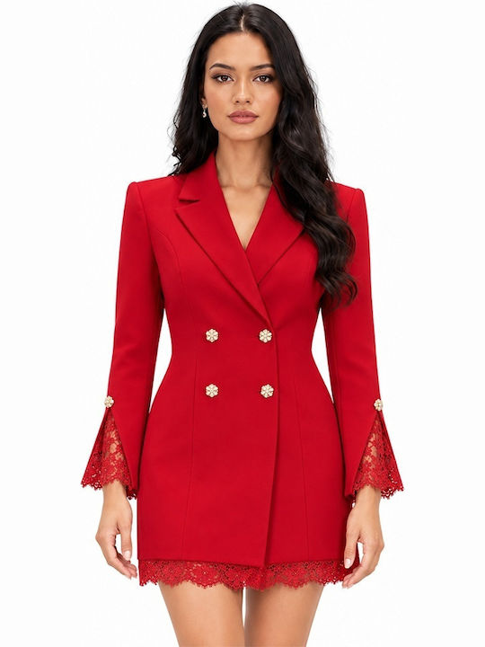 Mini Evening Shirt Dress in Wrap Satin with Lace & Sheer Detail Red