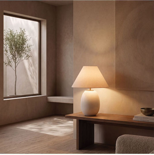 Zambelis Lights Ceramic Table Lamp for E27 Socket with Beige Shade and White Base