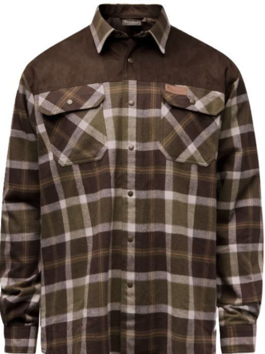 Long Sleeve Flannel Shirt in Slim Fit Olive Green/Cr. White