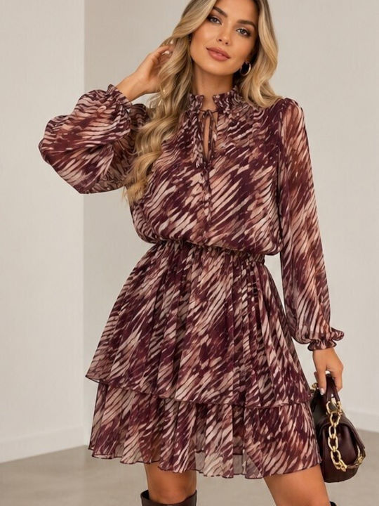 Alina Mini Dress with Ruffles Burgundy