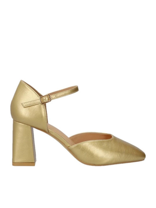Pointed-Toe Pumps with Strap & High Heel in Gold