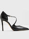 Janinne Black Leather Pointed-Toe Stiletto Heels