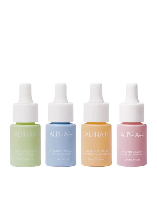 Alpha-H Set Seruri de Față: Serum de Zi cu Vitamina C pentru Luminozitate și Hidratare 10 Ml + Serum de Dimineață și de Seară cu Vitamina B pentru Hidratare, Calmarea, Protejarea și Prevenirea Îmbătrânirii Tenului 10 Ml + Serum de Dimineață și de Seară cu Vitamina B pentru Hidratare, Calmarea și Protejarea Tenului