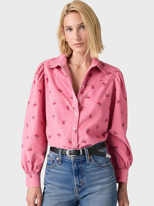 Western Μακρυμάνικο Γυναικείο Κοτλέ Πουκάμισο Pink Floral