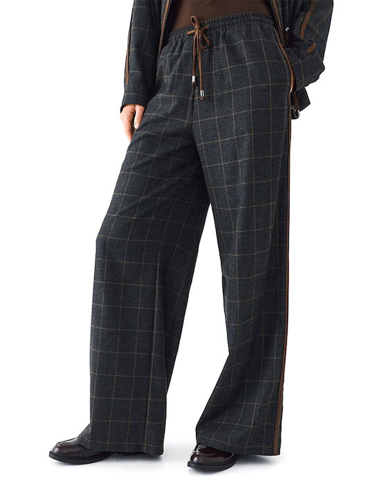 Access Women's High-Waisted Checked Trousers with Elastic Waist Anthracite-Brown