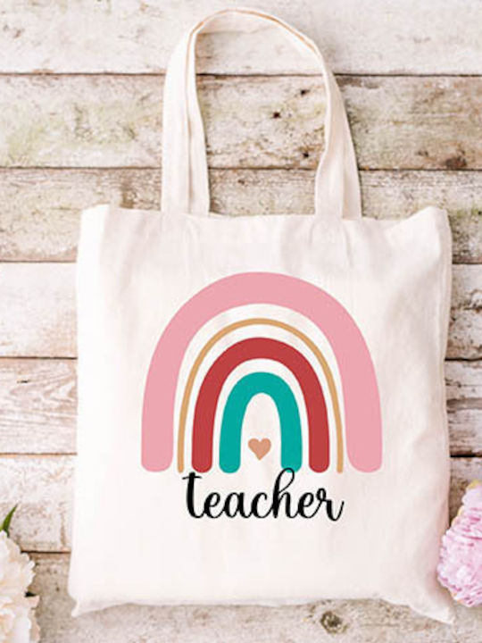 Ecru Fabric Tote Bag Teacher 01 Design Dimensions 38x40cm With Handles 38x70cm