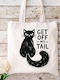 Ecru Fabric Tote Bag Cat Design Ml-12 Dimensions 38x40cm Including Handles 38x70cm